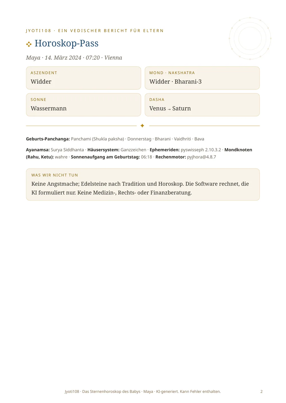 Geburtshoroskop des Kindes — Beispielseite 2