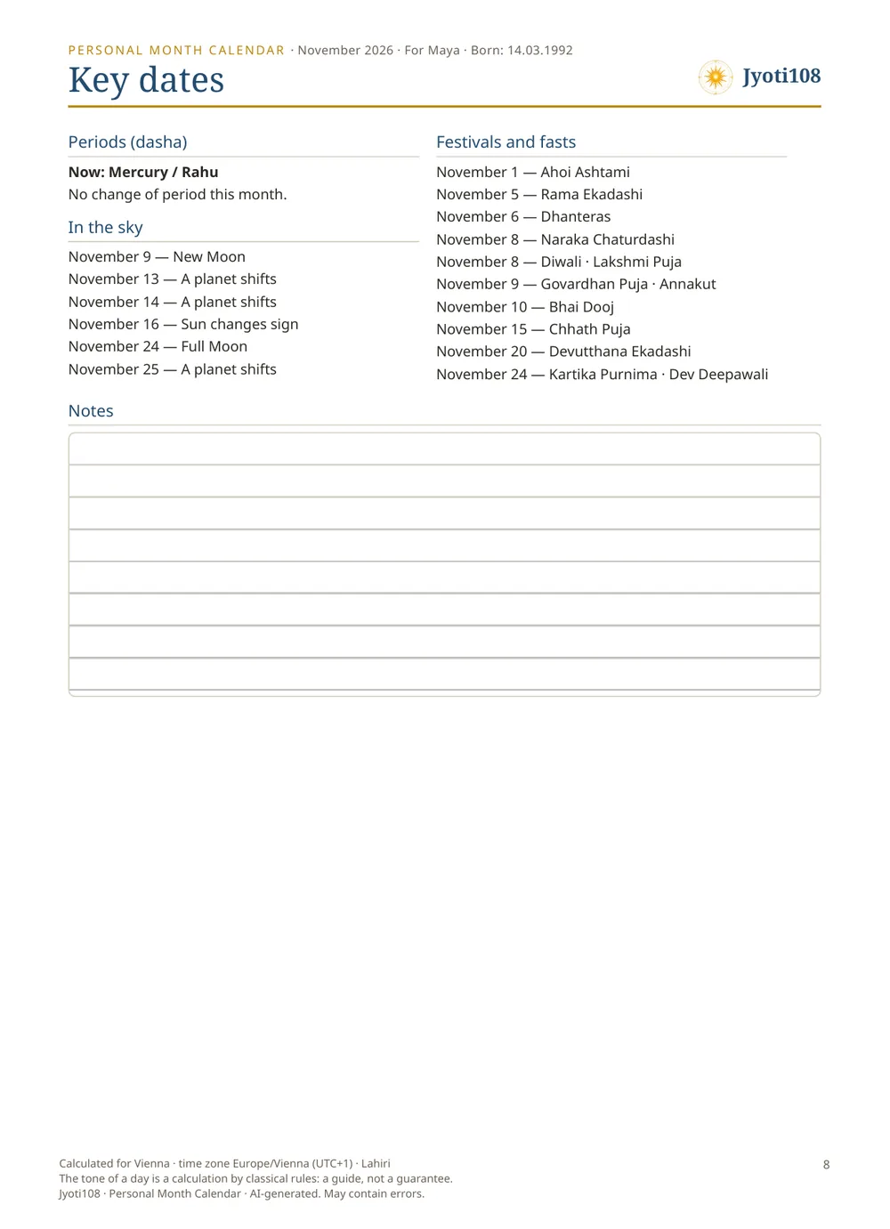 Personal Month Calendar — Sample page 3