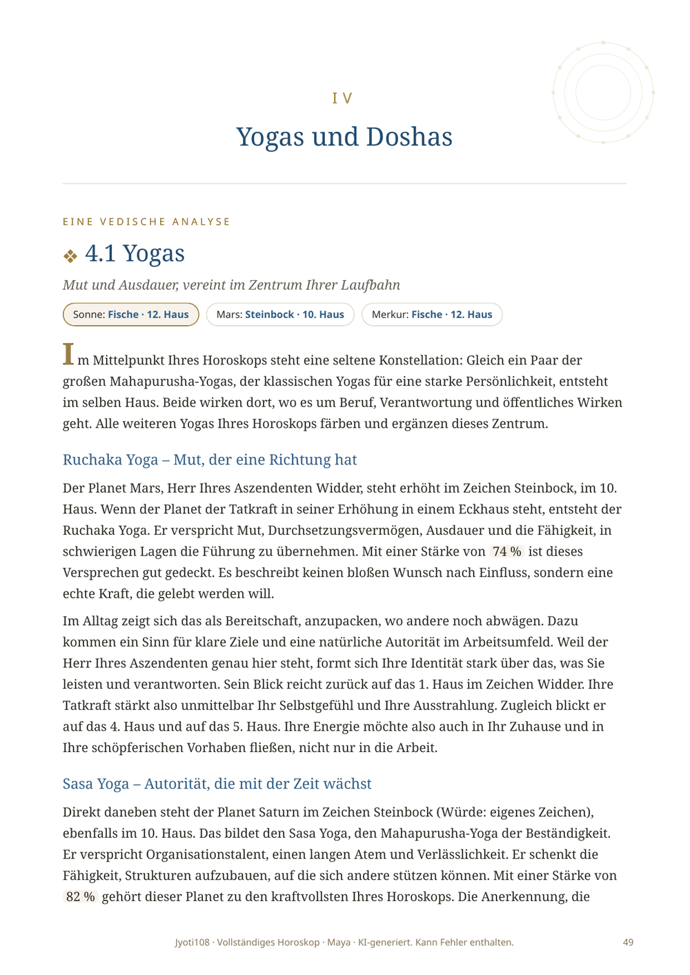 Abschnitt über die Yogas und Doshas der Karte