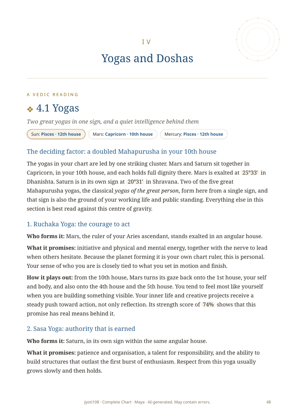 The section on yogas and doshas in the chart
