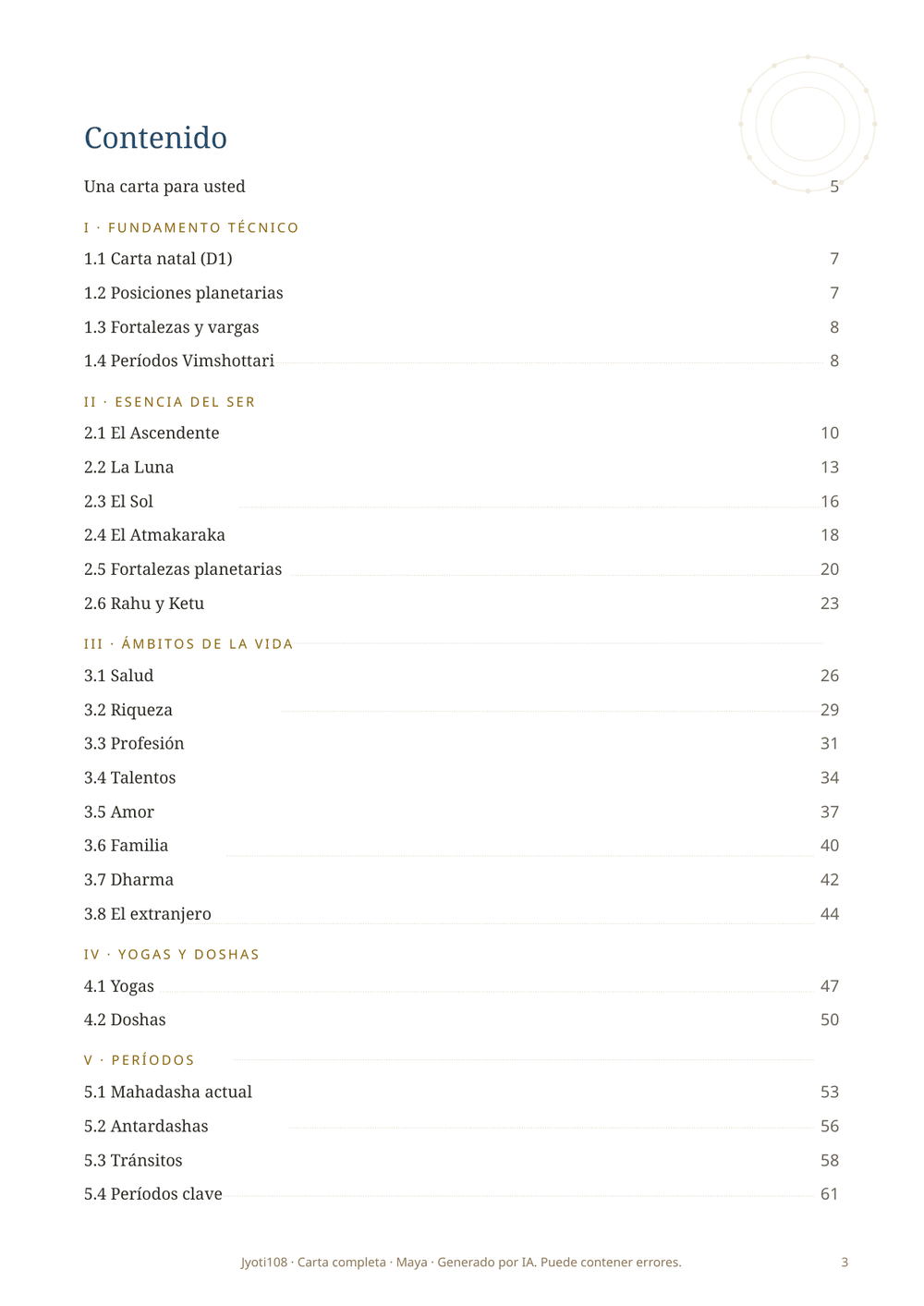 Índice del informe con 24 secciones y números de página