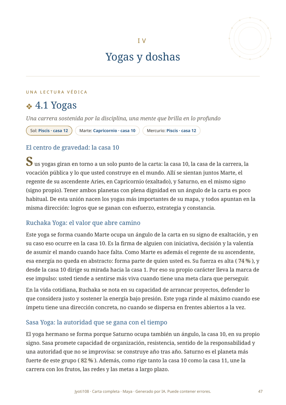 Sección sobre los yogas y doshas de la carta