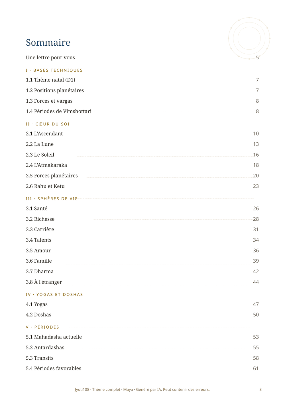 Sommaire du rapport avec 24 sections et numéros de page