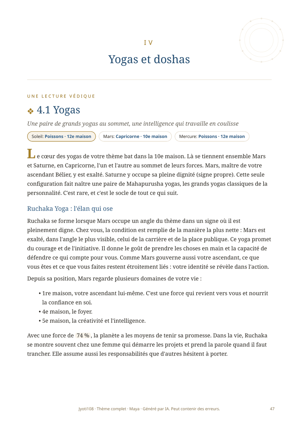 Section sur les yogas et doshas de la carte