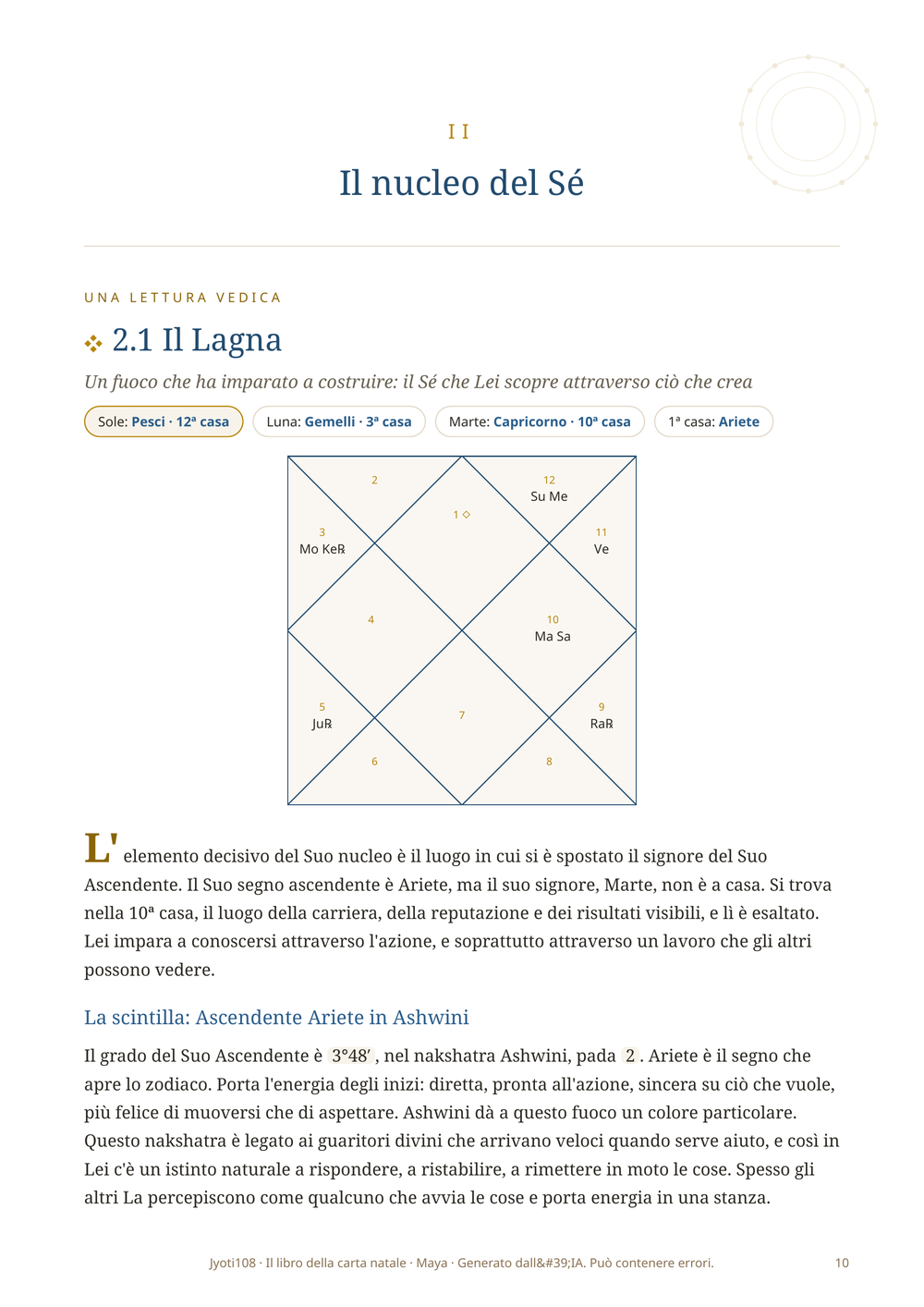 Una sezione di esempio, «L'Ascendente e il suo signore», con i blocchi essenza, pratica e cautela