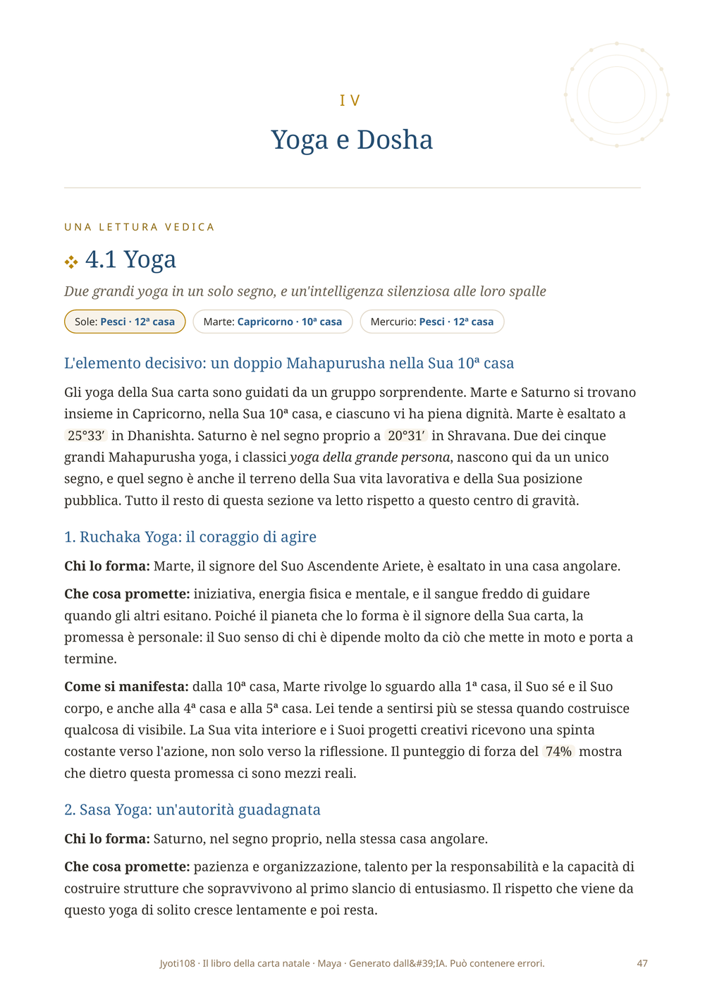 La sezione su yoga e dosha nella carta natale