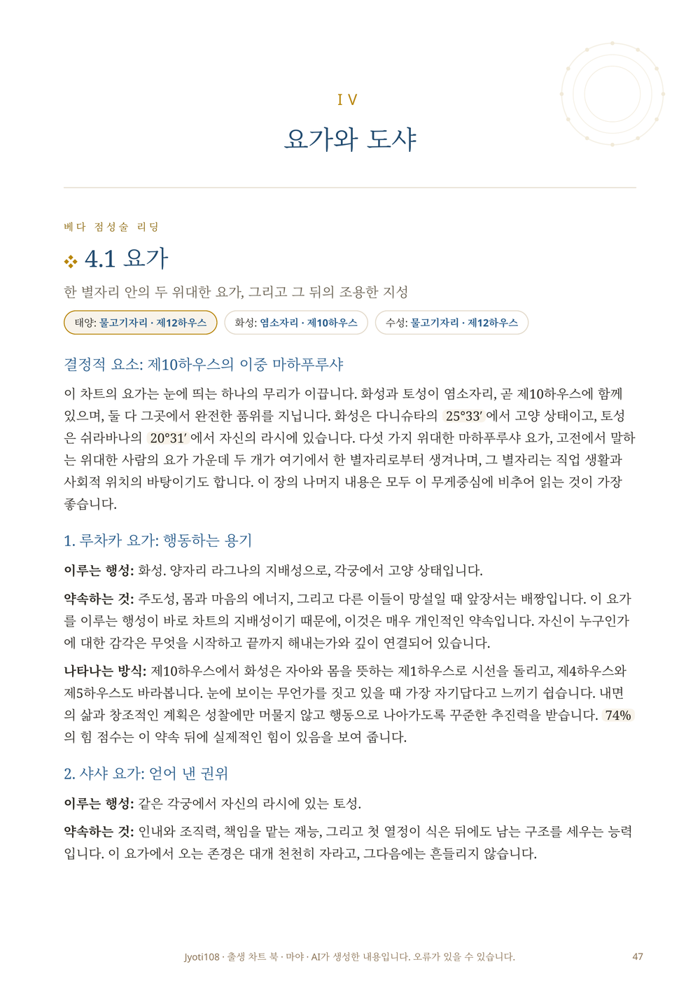 차트의 요가와 도샤 섹션