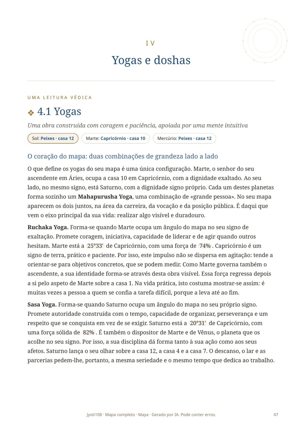 Seção sobre os yogas e doshas do mapa