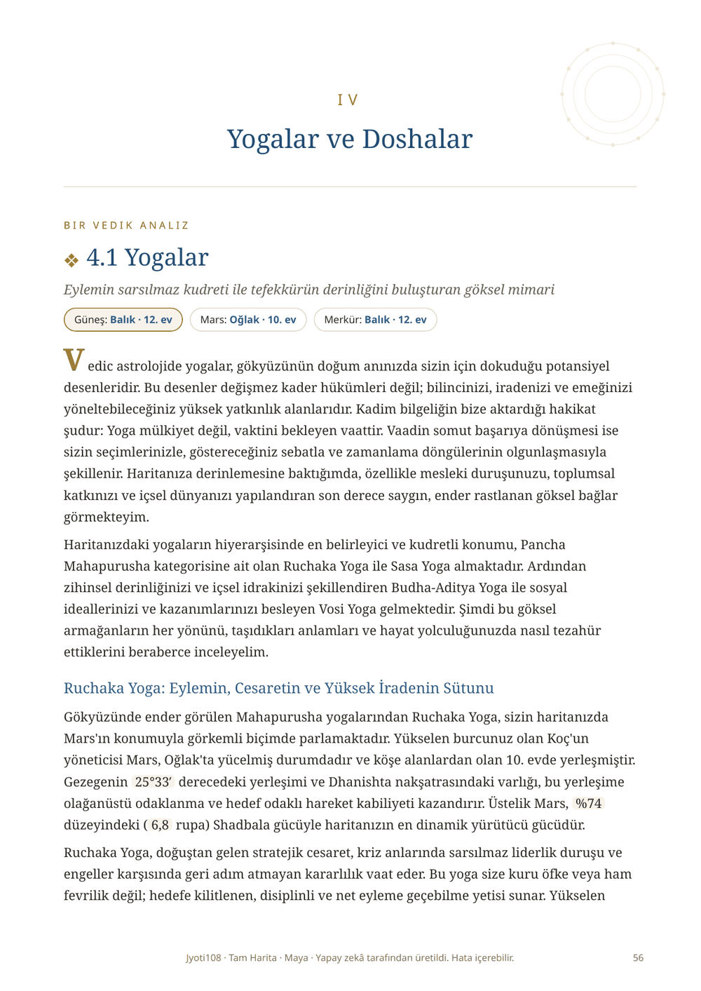 Haritanın yogaları ve doshaları hakkındaki bölüm
